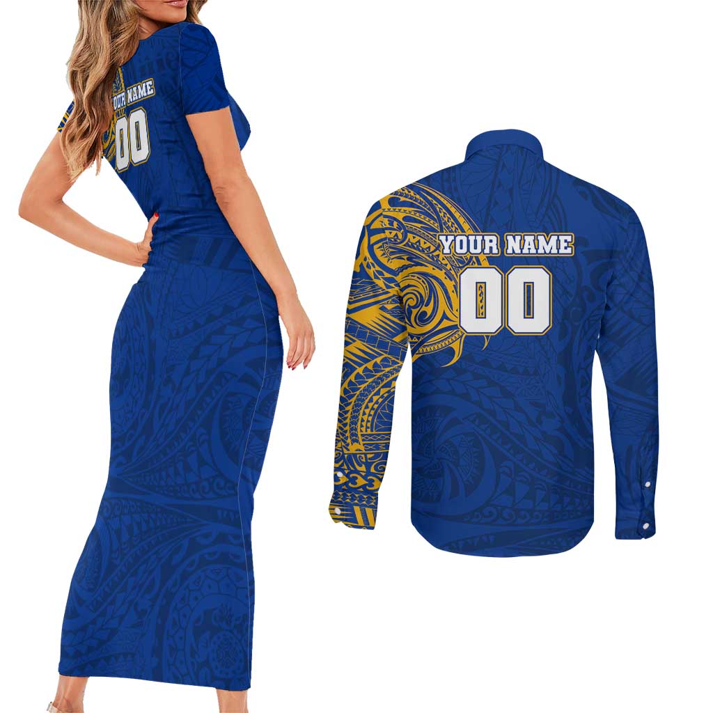 Personalized West Coast Eagles Polynesian Couples Matching Short Sleeve Bodycon Dress and Long Sleeve Button Shirt Tribal Chest and Sleeve Tattoo Heritage Warrior