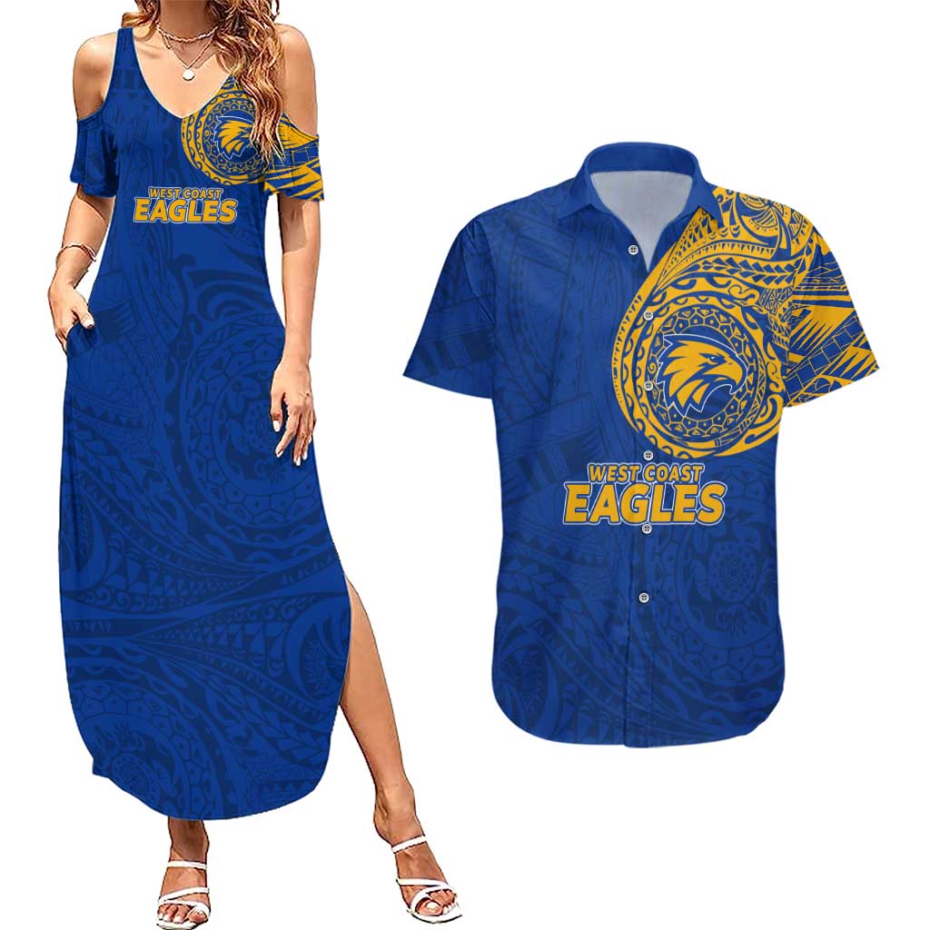 Personalized West Coast Eagles Polynesian Couples Matching Summer Maxi Dress and Hawaiian Shirt Tribal Chest and Sleeve Tattoo Heritage Warrior