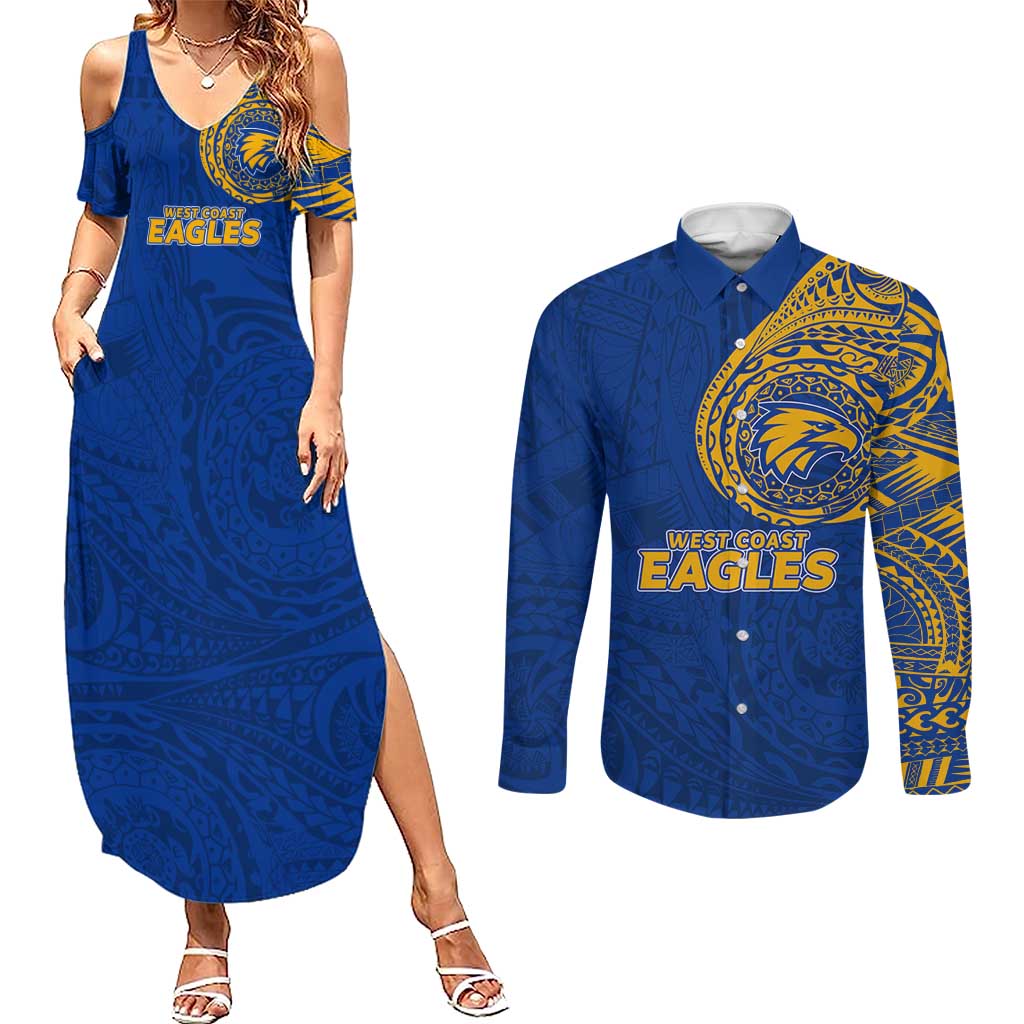 Personalized West Coast Eagles Polynesian Couples Matching Summer Maxi Dress and Long Sleeve Button Shirt Tribal Chest and Sleeve Tattoo Heritage Warrior