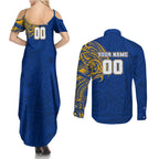 Personalized West Coast Eagles Polynesian Couples Matching Summer Maxi Dress and Long Sleeve Button Shirt Tribal Chest and Sleeve Tattoo Heritage Warrior