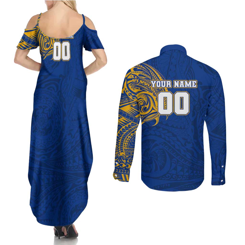 Personalized West Coast Eagles Polynesian Couples Matching Summer Maxi Dress and Long Sleeve Button Shirt Tribal Chest and Sleeve Tattoo Heritage Warrior
