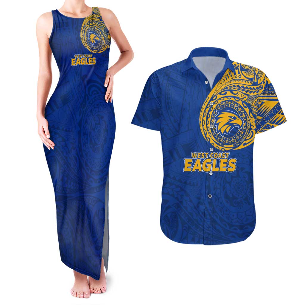 Personalized West Coast Eagles Polynesian Couples Matching Tank Maxi Dress and Hawaiian Shirt Tribal Chest and Sleeve Tattoo Heritage Warrior