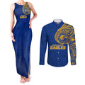 Personalized West Coast Eagles Polynesian Couples Matching Tank Maxi Dress and Long Sleeve Button Shirt Tribal Chest and Sleeve Tattoo Heritage Warrior