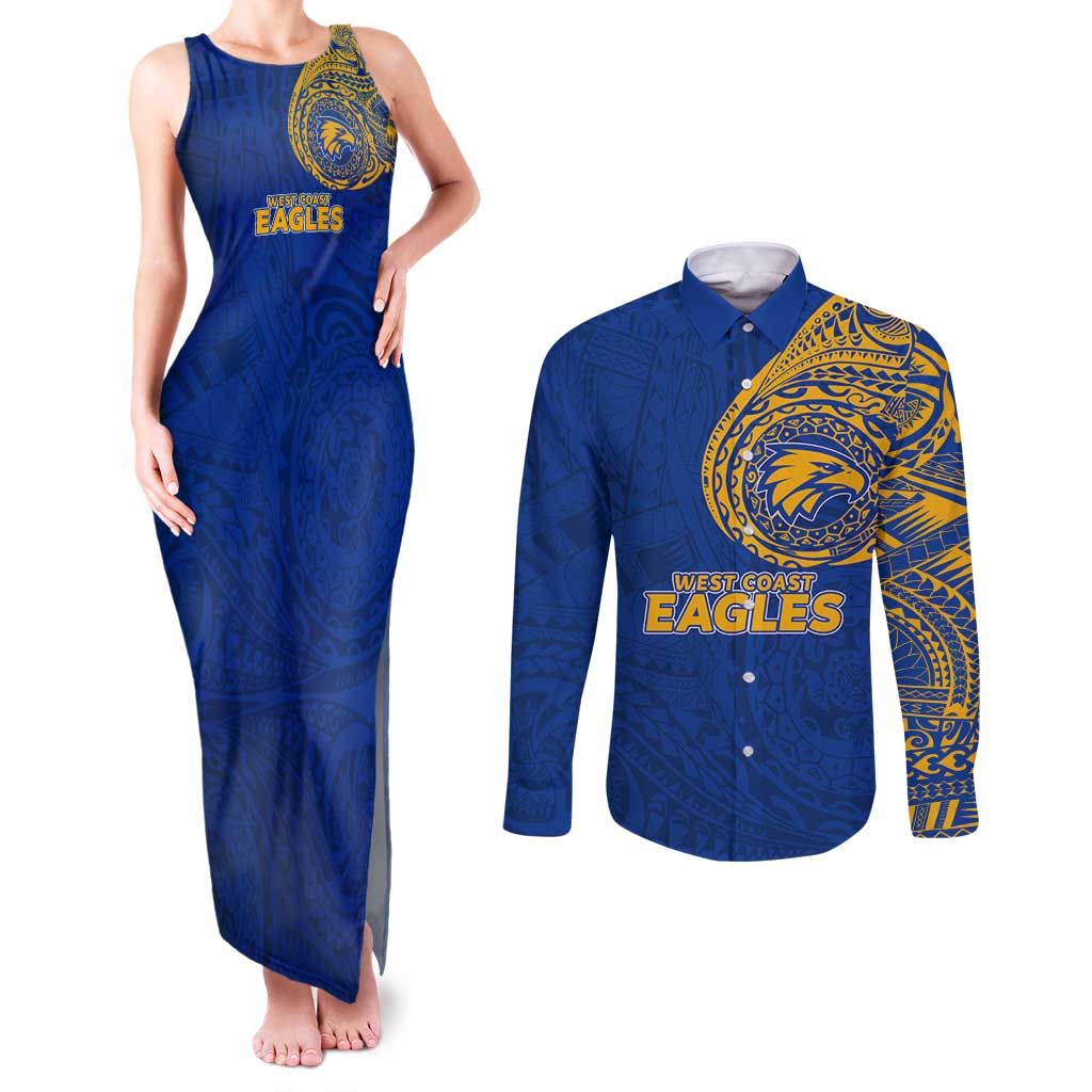 Personalized West Coast Eagles Polynesian Couples Matching Tank Maxi Dress and Long Sleeve Button Shirt Tribal Chest and Sleeve Tattoo Heritage Warrior