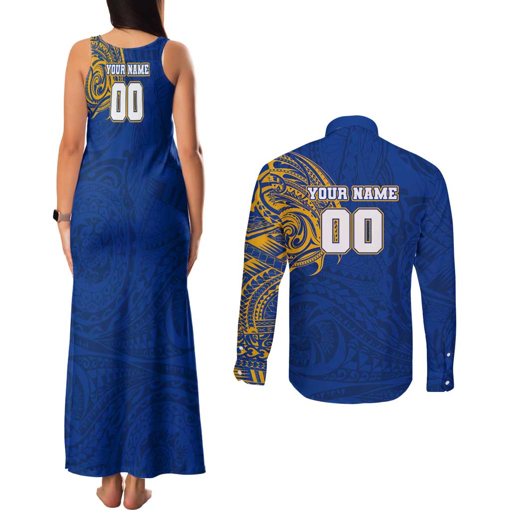 Personalized West Coast Eagles Polynesian Couples Matching Tank Maxi Dress and Long Sleeve Button Shirt Tribal Chest and Sleeve Tattoo Heritage Warrior