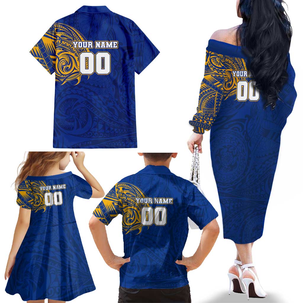 Personalized West Coast Eagles Polynesian Family Matching Off The Shoulder Long Sleeve Dress and Hawaiian Shirt Tribal Chest and Sleeve Tattoo Heritage Warrior