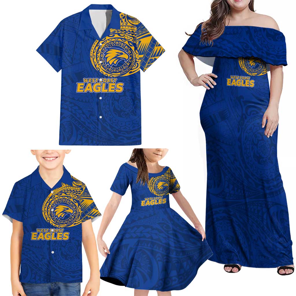 Personalized West Coast Eagles Polynesian Family Matching Off Shoulder Maxi Dress and Hawaiian Shirt Tribal Chest and Sleeve Tattoo Heritage Warrior
