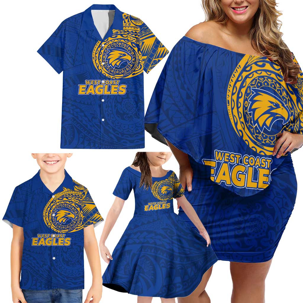 Personalized West Coast Eagles Polynesian Family Matching Off Shoulder Short Dress and Hawaiian Shirt Tribal Chest and Sleeve Tattoo Heritage Warrior