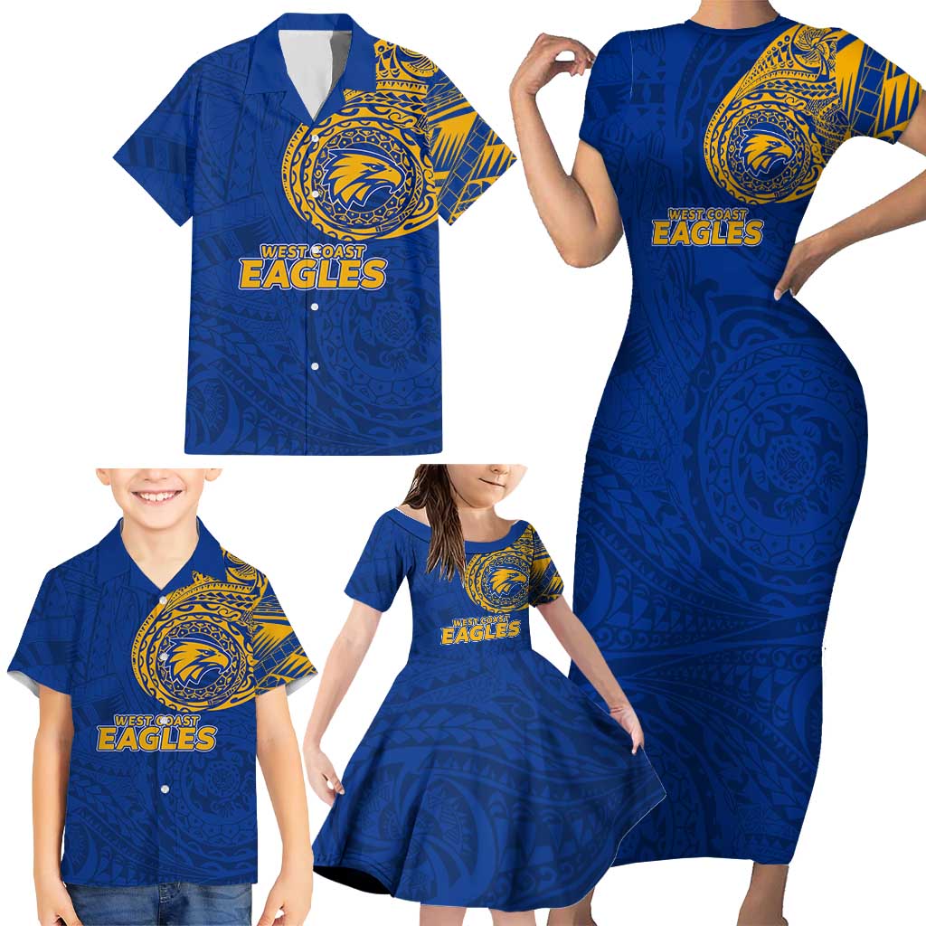Personalized West Coast Eagles Polynesian Family Matching Short Sleeve Bodycon Dress and Hawaiian Shirt Tribal Chest and Sleeve Tattoo Heritage Warrior