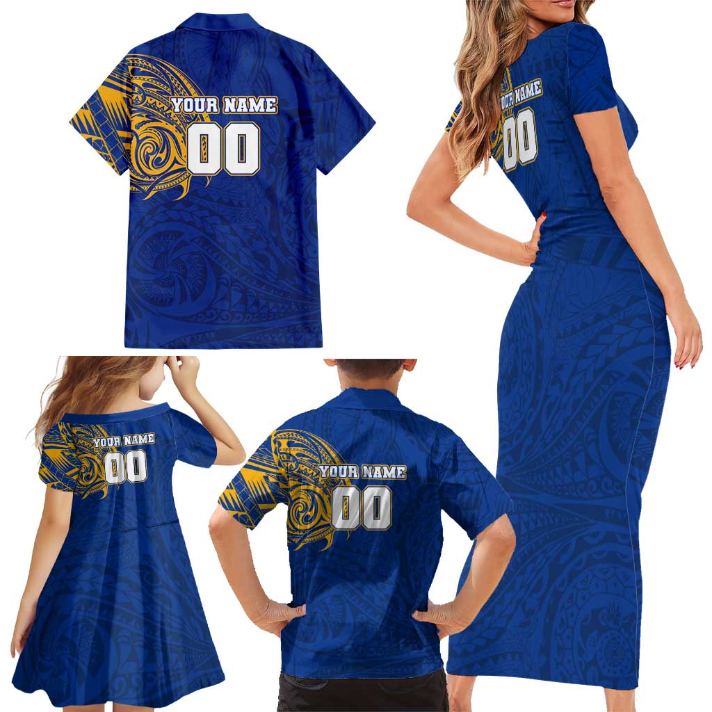 Personalized West Coast Eagles Polynesian Family Matching Short Sleeve Bodycon Dress and Hawaiian Shirt Tribal Chest and Sleeve Tattoo Heritage Warrior
