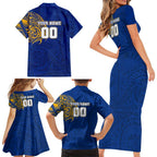 Personalized West Coast Eagles Polynesian Family Matching Short Sleeve Bodycon Dress and Hawaiian Shirt Tribal Chest and Sleeve Tattoo Heritage Warrior
