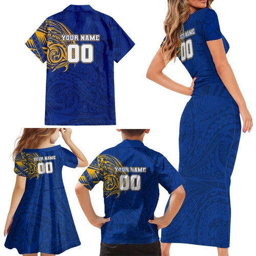 Personalized West Coast Eagles Polynesian Family Matching Short Sleeve Bodycon Dress and Hawaiian Shirt Tribal Chest and Sleeve Tattoo Heritage Warrior
