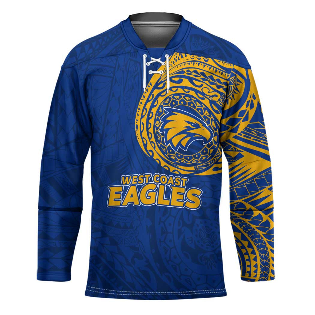 Personalized West Coast Eagles Polynesian Hockey Jersey Tribal Chest and Sleeve Tattoo Heritage Warrior