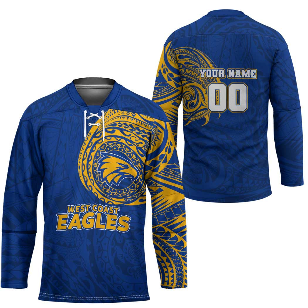 Personalized West Coast Eagles Polynesian Hockey Jersey Tribal Chest and Sleeve Tattoo Heritage Warrior