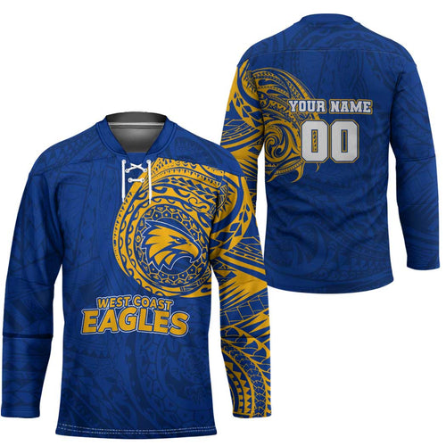 Personalized West Coast Eagles Polynesian Hockey Jersey Tribal Chest and Sleeve Tattoo Heritage Warrior