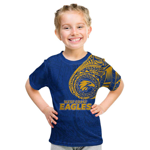Personalized West Coast Eagles Polynesian Kid T Shirt Tribal Chest and Sleeve Tattoo Heritage Warrior