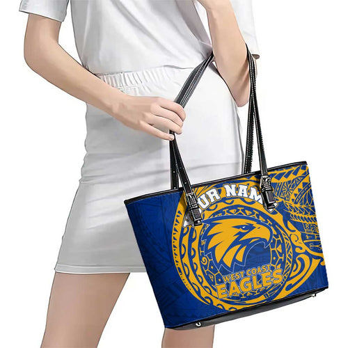 Personalized West Coast Eagles Polynesian Leather Tote Bag Tribal Chest and Sleeve Tattoo Heritage Warrior