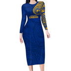 Personalized West Coast Eagles Polynesian Long Sleeve Bodycon Dress Tribal Chest and Sleeve Tattoo Heritage Warrior