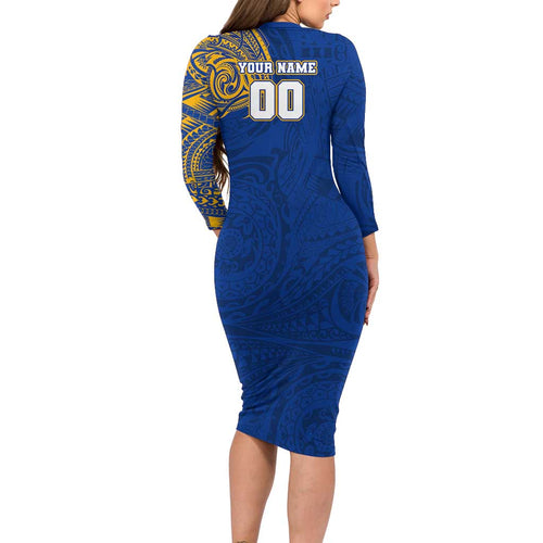 Personalized West Coast Eagles Polynesian Long Sleeve Bodycon Dress Tribal Chest and Sleeve Tattoo Heritage Warrior