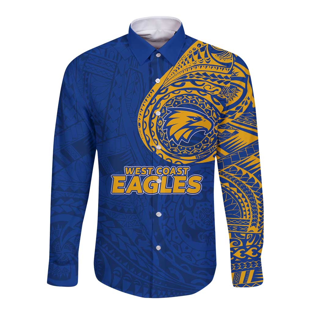 Personalized West Coast Eagles Polynesian Long Sleeve Button Shirt Tribal Chest and Sleeve Tattoo Heritage Warrior
