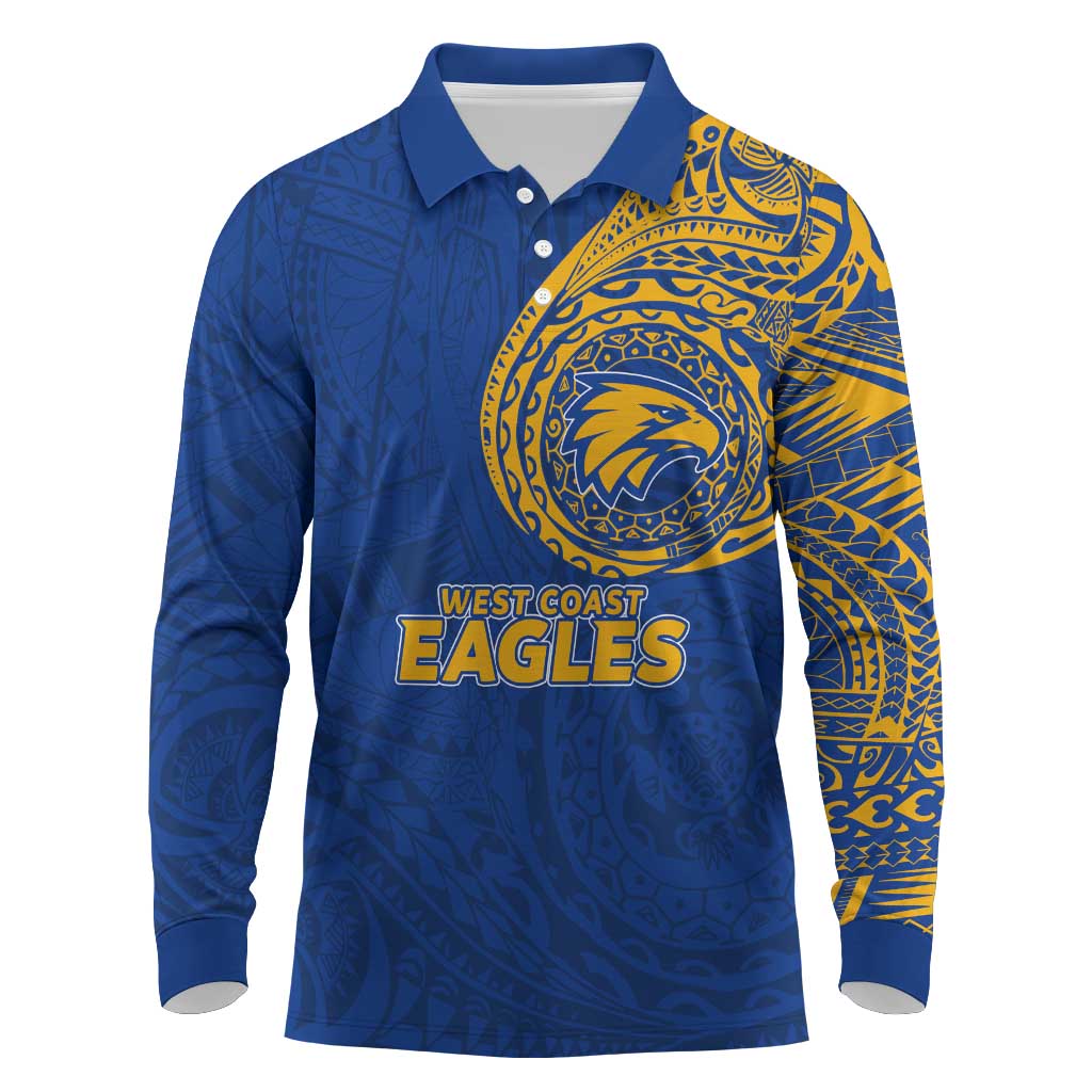 Personalized West Coast Eagles Polynesian Long Sleeve Polo Shirt Tribal Chest and Sleeve Tattoo Heritage Warrior