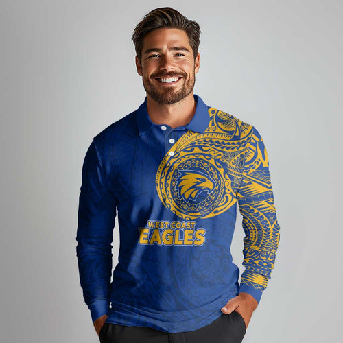 Personalized West Coast Eagles Polynesian Long Sleeve Polo Shirt Tribal Chest and Sleeve Tattoo Heritage Warrior