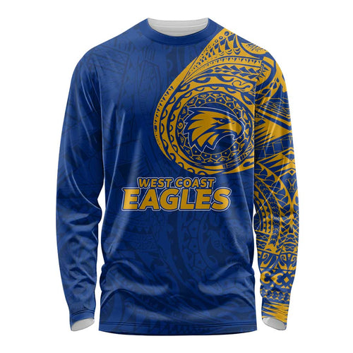 Personalized West Coast Eagles Polynesian Long Sleeve Shirt Tribal Chest and Sleeve Tattoo Heritage Warrior
