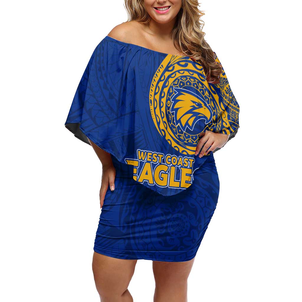 Personalized West Coast Eagles Polynesian Off Shoulder Short Dress Tribal Chest and Sleeve Tattoo Heritage Warrior