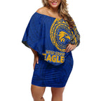 Personalized West Coast Eagles Polynesian Off Shoulder Short Dress Tribal Chest and Sleeve Tattoo Heritage Warrior