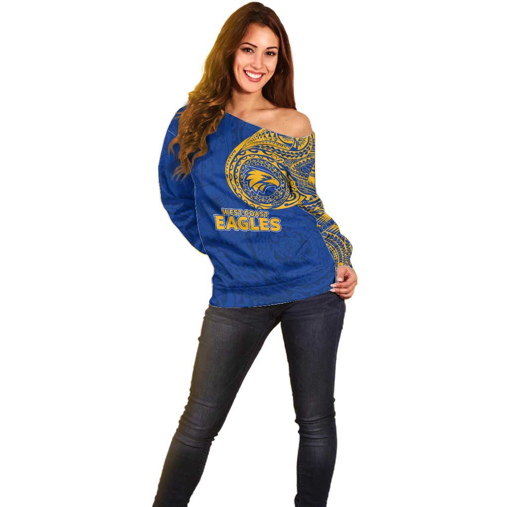 Personalized West Coast Eagles Polynesian Off Shoulder Sweater Tribal Chest and Sleeve Tattoo Heritage Warrior