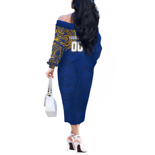 Personalized West Coast Eagles Polynesian Off The Shoulder Long Sleeve Dress Tribal Chest and Sleeve Tattoo Heritage Warrior