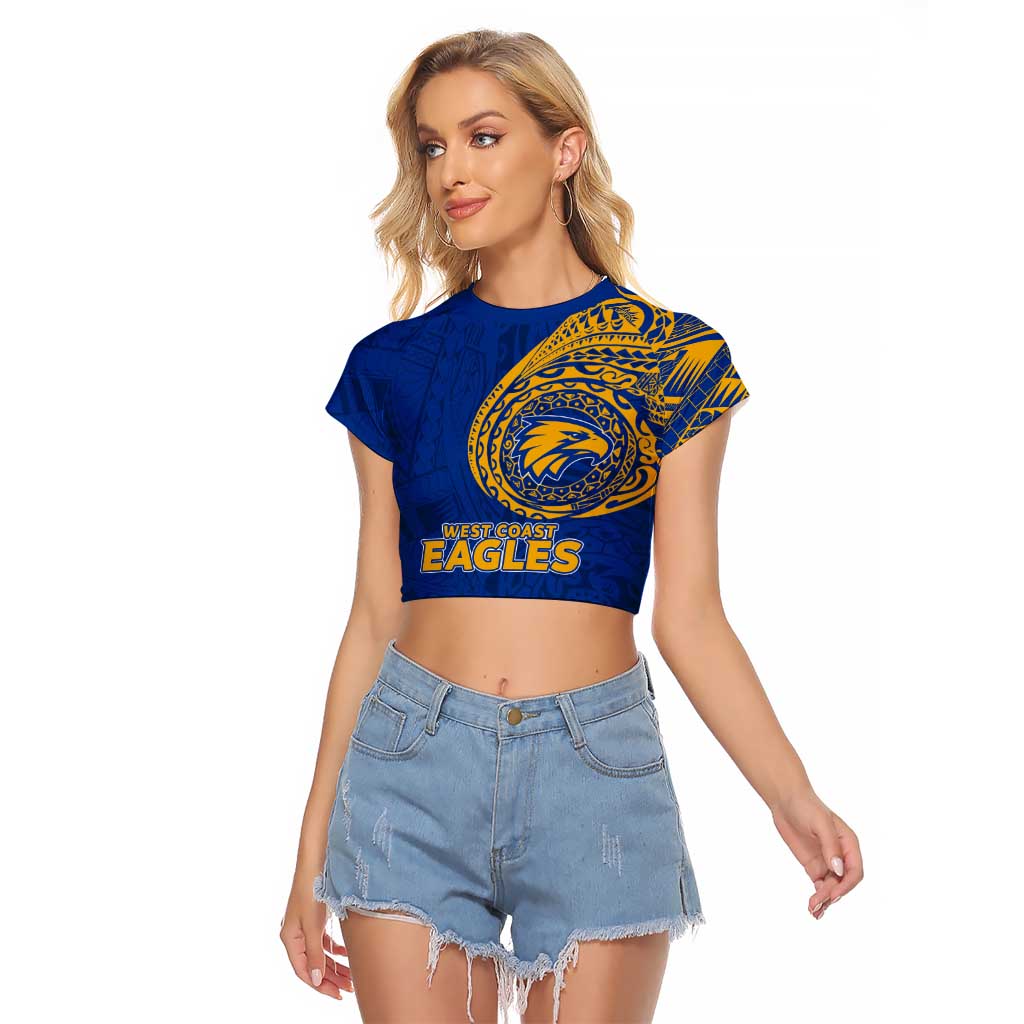 Personalized West Coast Eagles Polynesian Raglan Cropped T Shirt Tribal Chest and Sleeve Tattoo Heritage Warrior