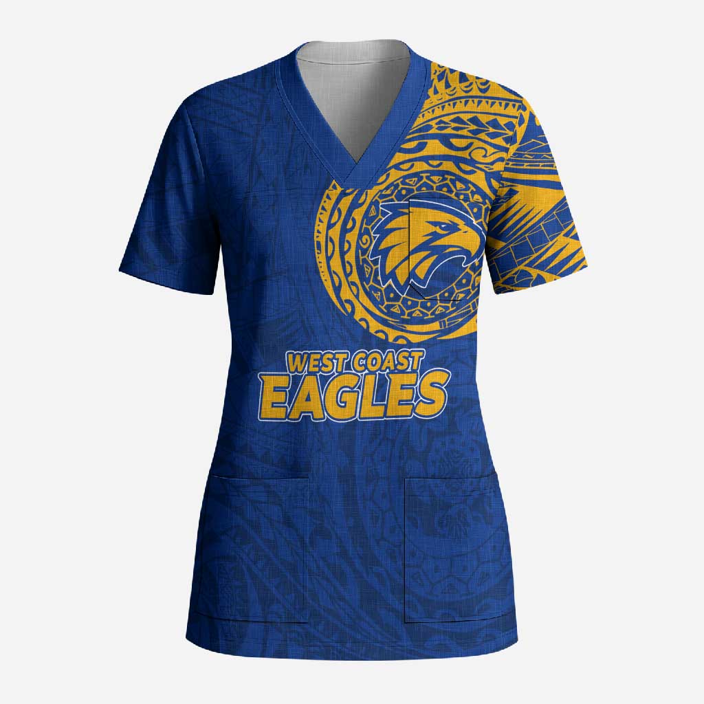 Personalized West Coast Eagles Polynesian Scrub Top Tribal Chest and Sleeve Tattoo Heritage Warrior