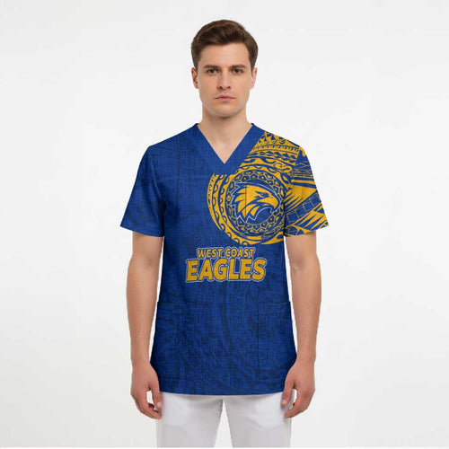Personalized West Coast Eagles Polynesian Scrub Top Tribal Chest and Sleeve Tattoo Heritage Warrior