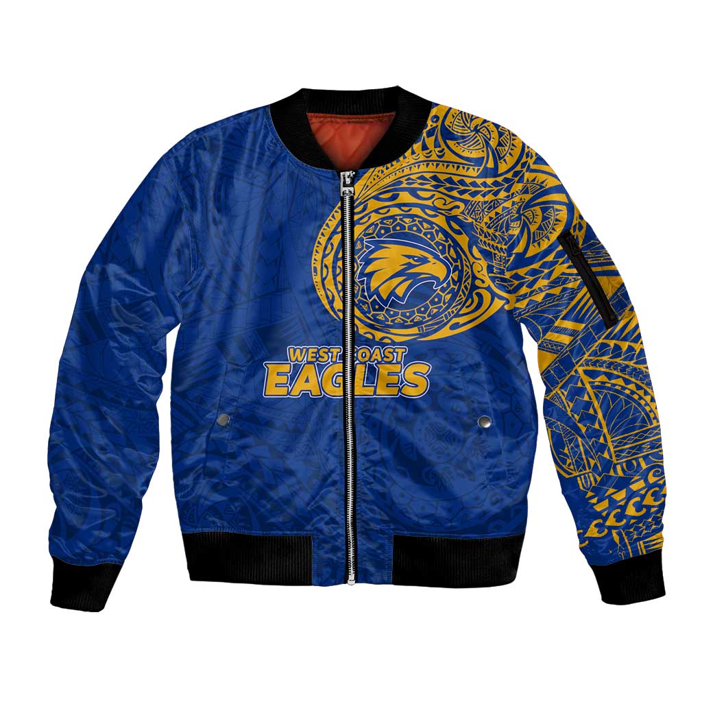 Personalized West Coast Eagles Polynesian Sleeve Zip Bomber Jacket Tribal Chest and Sleeve Tattoo Heritage Warrior