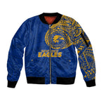 Personalized West Coast Eagles Polynesian Sleeve Zip Bomber Jacket Tribal Chest and Sleeve Tattoo Heritage Warrior