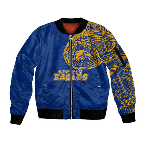 Personalized West Coast Eagles Polynesian Sleeve Zip Bomber Jacket Tribal Chest and Sleeve Tattoo Heritage Warrior