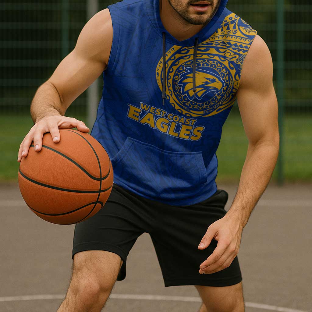 Personalized West Coast Eagles Polynesian Sleeveless Hoodie Tribal Chest and Sleeve Tattoo Heritage Warrior