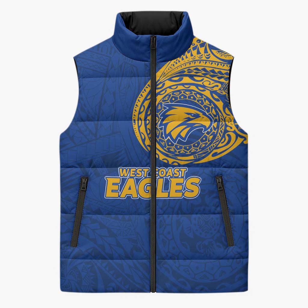 Personalized West Coast Eagles Polynesian Sleeveless Puffer Jacket Tribal Chest and Sleeve Tattoo Heritage Warrior
