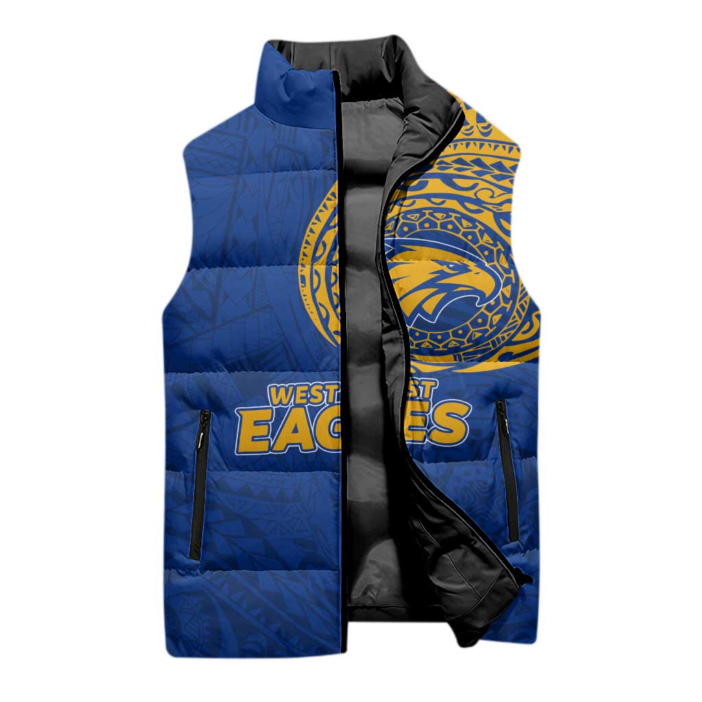Personalized West Coast Eagles Polynesian Sleeveless Puffer Jacket Tribal Chest and Sleeve Tattoo Heritage Warrior
