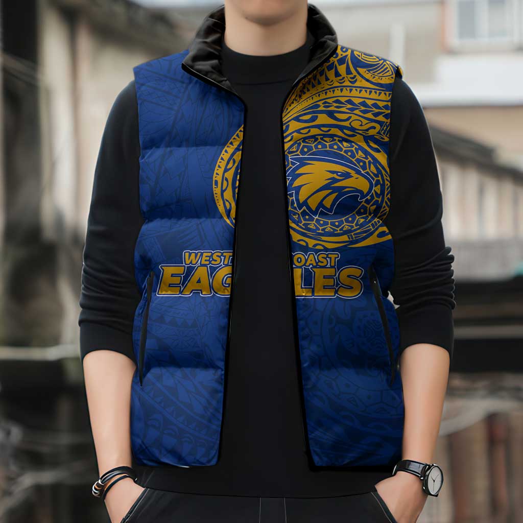Personalized West Coast Eagles Polynesian Sleeveless Puffer Jacket Tribal Chest and Sleeve Tattoo Heritage Warrior