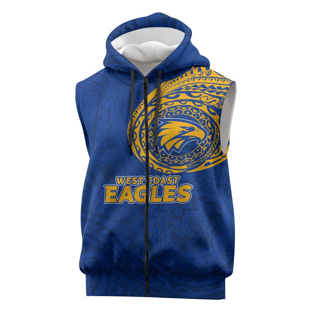 Personalized West Coast Eagles Polynesian Sleeveless Zip Hoodie Tribal Chest and Sleeve Tattoo Heritage Warrior