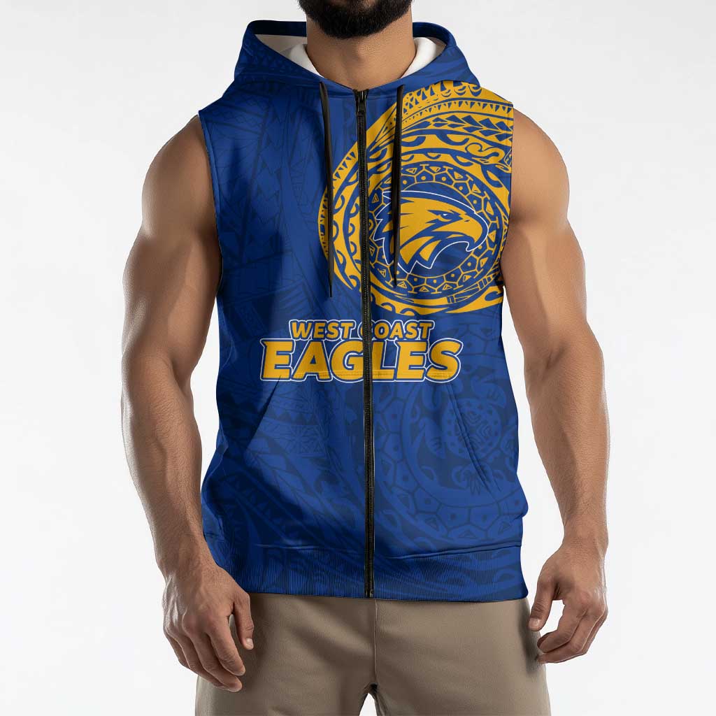 Personalized West Coast Eagles Polynesian Sleeveless Zip Hoodie Tribal Chest and Sleeve Tattoo Heritage Warrior