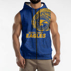 Personalized West Coast Eagles Polynesian Sleeveless Zip Hoodie Tribal Chest and Sleeve Tattoo Heritage Warrior
