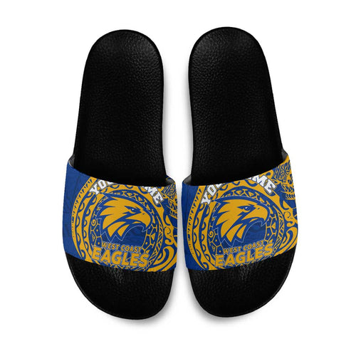 Personalized West Coast Eagles Polynesian Slide Sandals Tribal Chest and Sleeve Tattoo Heritage Warrior