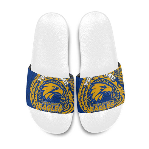 Personalized West Coast Eagles Polynesian Slide Sandals Tribal Chest and Sleeve Tattoo Heritage Warrior