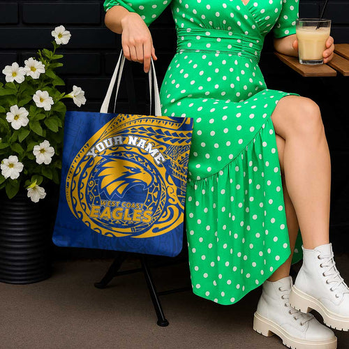 Personalized West Coast Eagles Polynesian Tote Bag Tribal Chest and Sleeve Tattoo Heritage Warrior