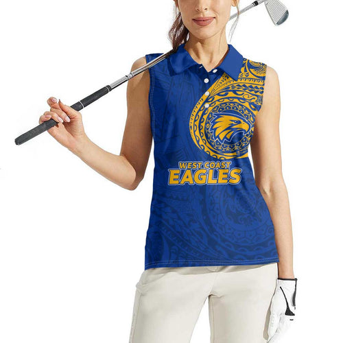 Personalized West Coast Eagles Polynesian Women Sleeveless Polo Shirt Tribal Chest and Sleeve Tattoo Heritage Warrior