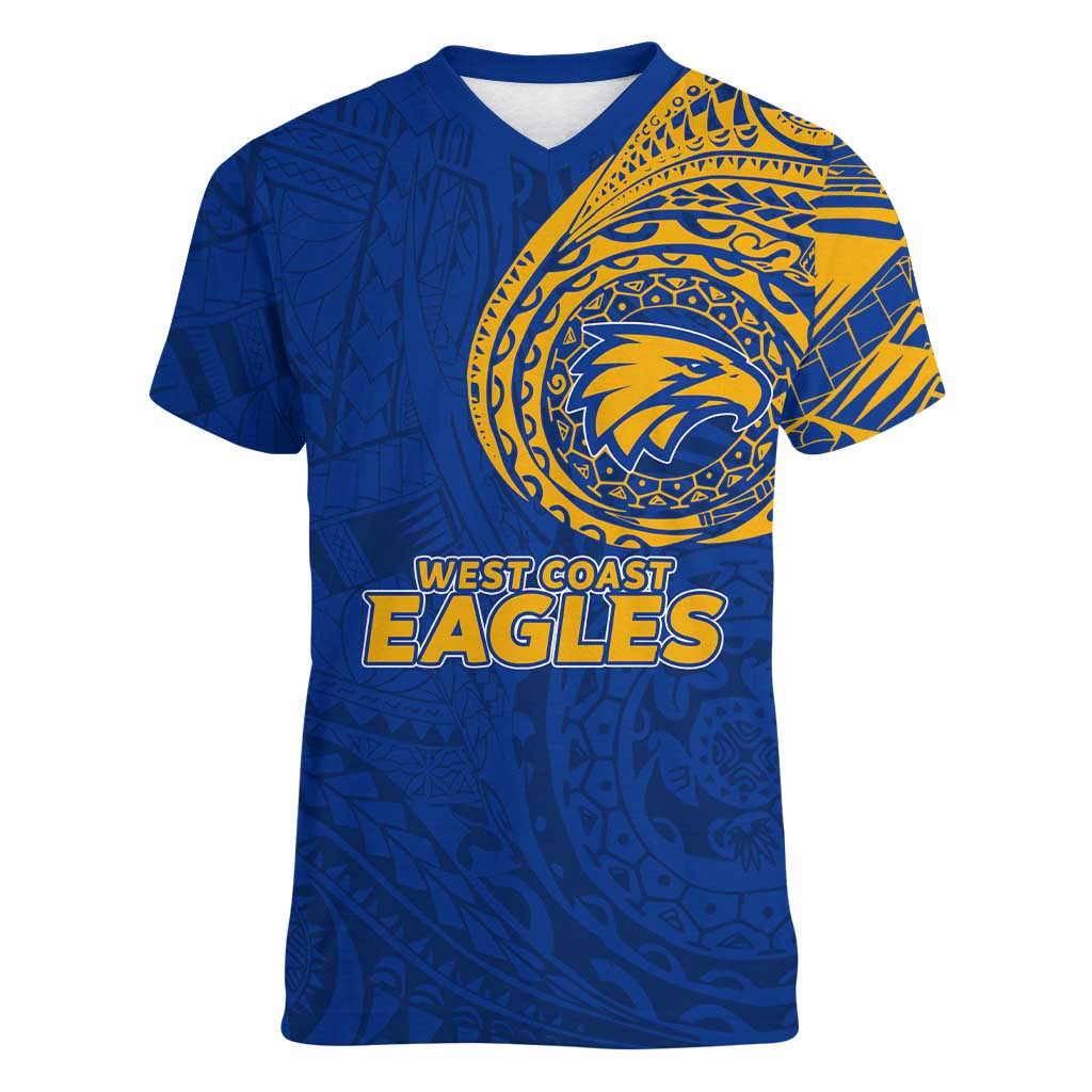 Personalized West Coast Eagles Polynesian Women V-Neck T-Shirt Tribal Chest and Sleeve Tattoo Heritage Warrior