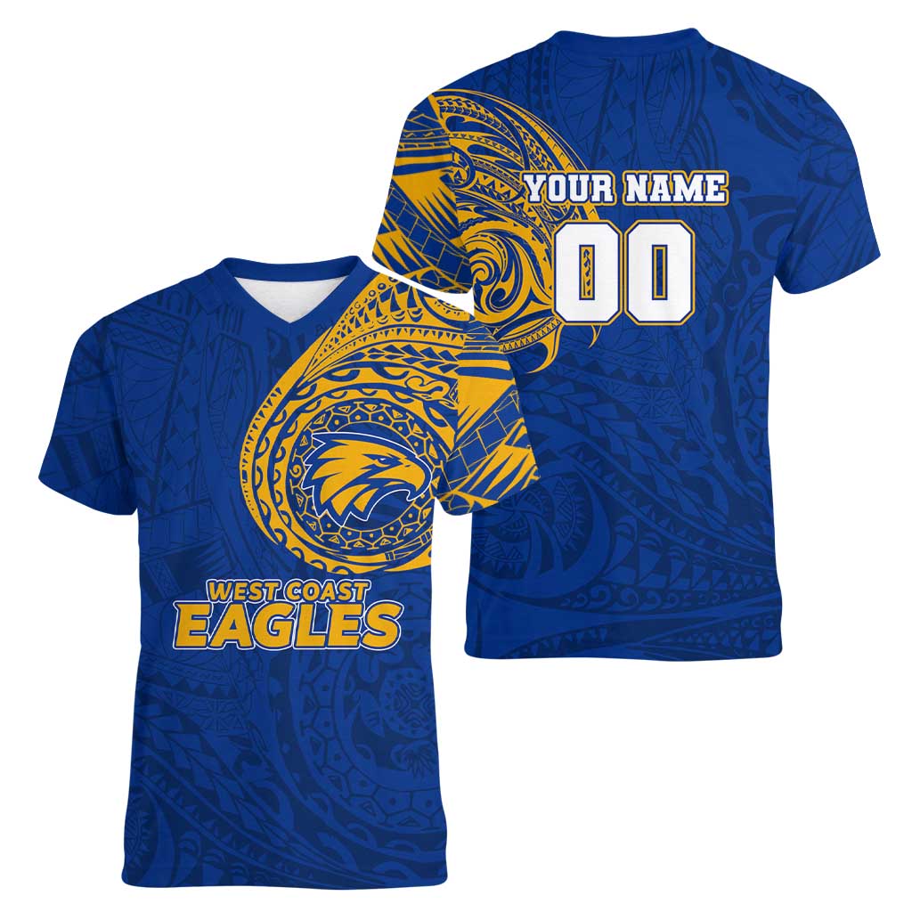 Personalized West Coast Eagles Polynesian Women V-Neck T-Shirt Tribal Chest and Sleeve Tattoo Heritage Warrior